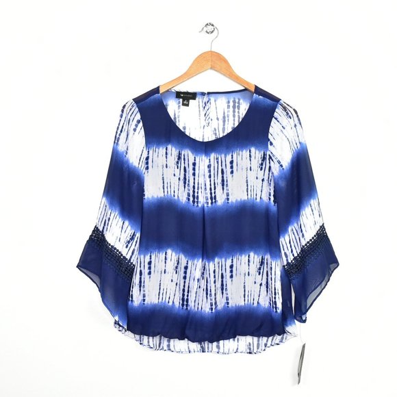 AB Studio Tie Dye Flare 3/4 Sleeve Top Small Navy Sheer Boho High Low Hippie - Picture 2 of 12